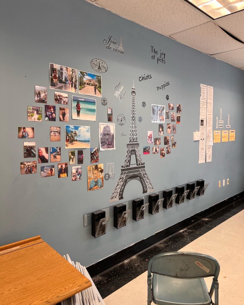 A wall with many pictures and magnets on it